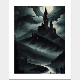 Spooky Castle on a Hill Posters and Art